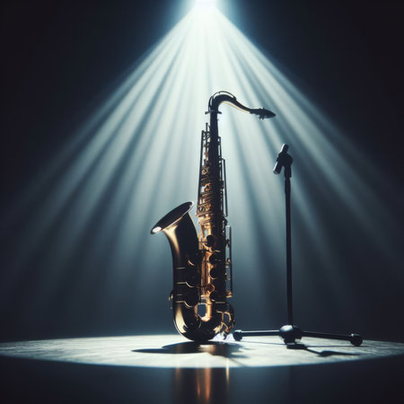 A musical instrument: saxophone, sits on alone on stage ready to play, under a strong single spotlightの素材