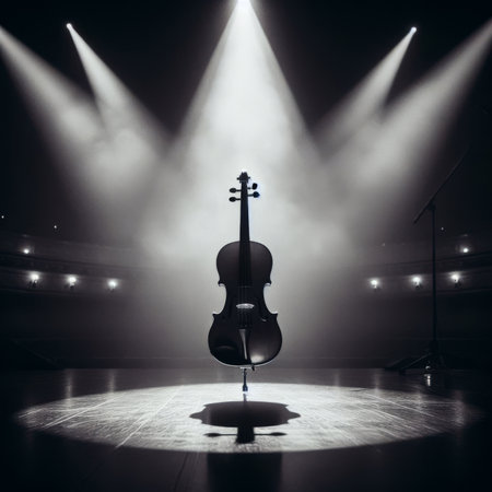 A musical instrument: violin, sits on alone on stage ready to play, under a strong single spotlightの素材