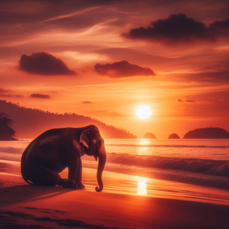 Elephant sits on a beach looking thoughtful, at sunsetの素材