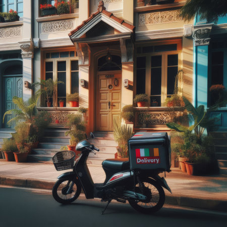 Delivery moped motorbike parked outside residential homeの素材