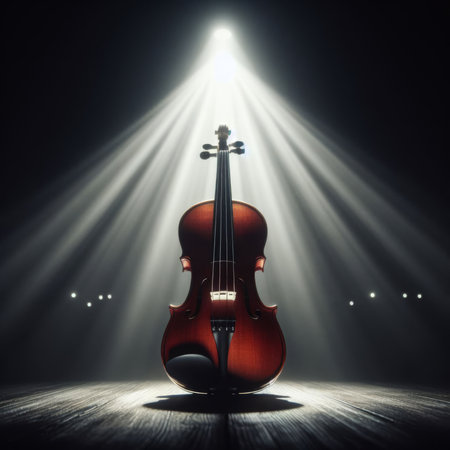 A musical instrument: violin, sits on alone on stage ready to play, under a strong single spotlightの素材