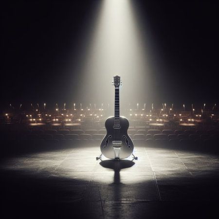 A musical instrument: steel guitar, sits on alone on stage ready to play, under a strong single spotlightの素材