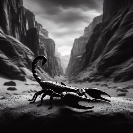 Black scorpion stands ominously in desert canyonの素材