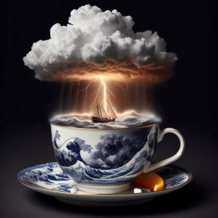 Visualisation of the term "Storm in a tea cup", against dark backgroundの素材