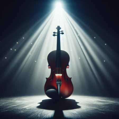 A musical instrument: violin, sits on alone on stage ready to play, under a strong single spotlightの素材