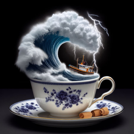 Visualisation of the term "Storm in a tea cup", against dark backgroundの素材