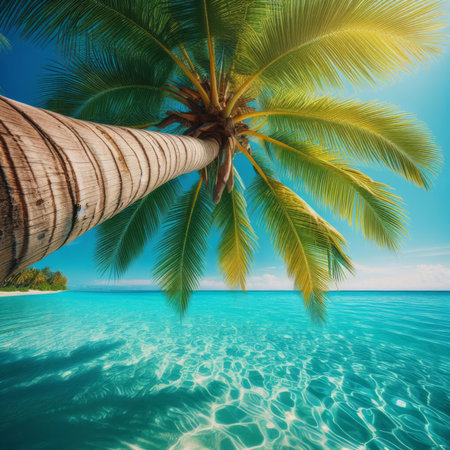 A low-angle view looking from under a palm tree leaning out over crystal-clear ocean watersの素材