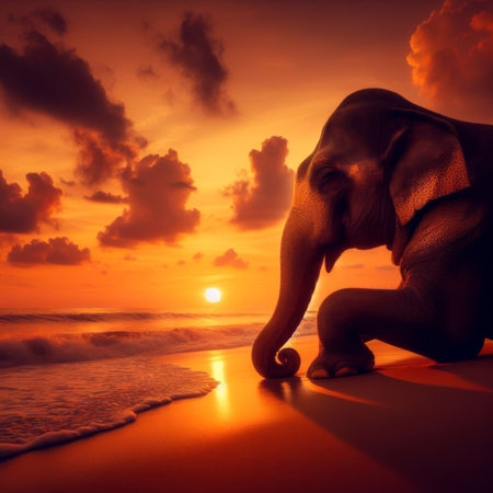 Elephant sits on a beach looking thoughtful, at sunsetの素材
