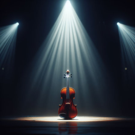 A musical instrument: violin, sits on alone on stage ready to play, under a strong single spotlightの素材