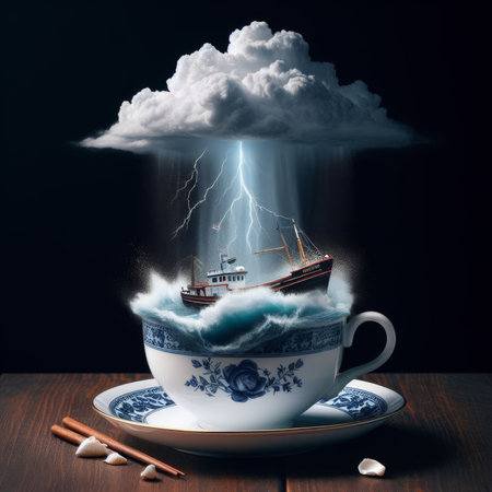Visualisation of the term "Storm in a tea cup", against dark backgroundの素材