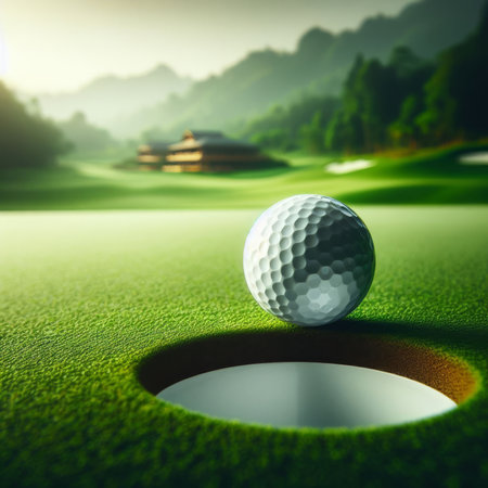 Golf ball hangs on the lip of beautiful golf course holeの素材