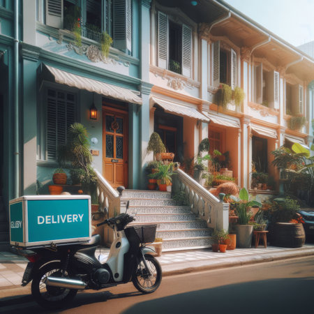 Delivery moped motorbike parked outside residential homeの素材