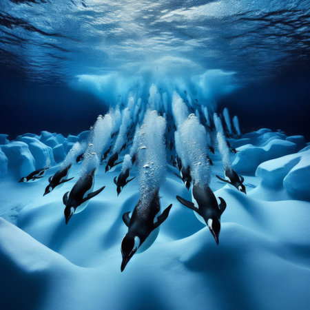 Antarctic penguin dives into cold blue ocean in search for foodの素材