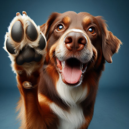 Dog offers paw to viewpoint, in studio settingの素材