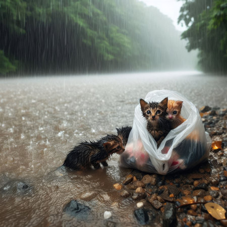 Kittens abandoned in a plastic bag by river in torrential rainの素材