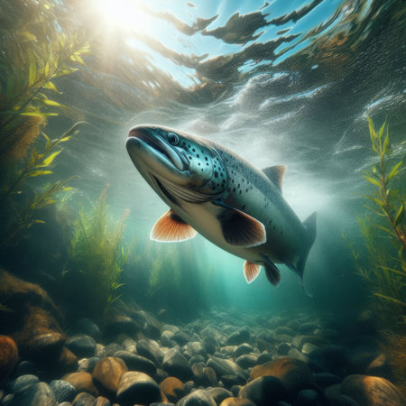 Salmon swim upstream in crystal clear waterの素材