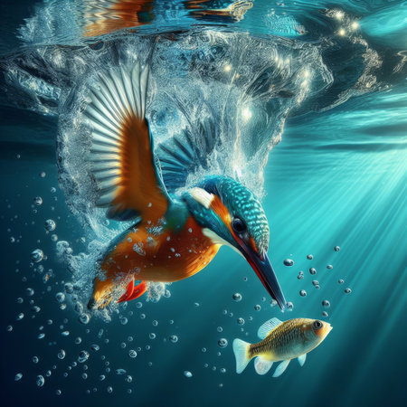 Kingfisher tackles a stickleback fish in riverの素材