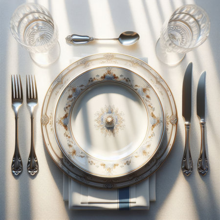 A full and correct place serving with grocery and cutlery for any meal.の素材