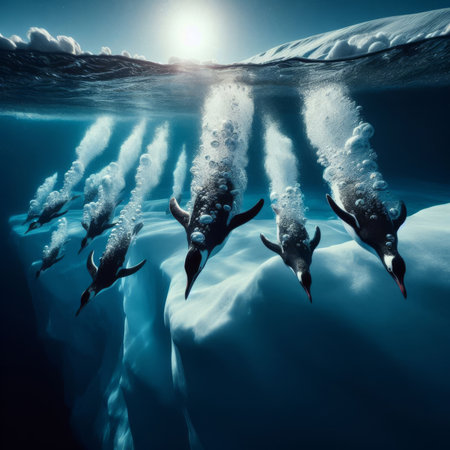 Antarctic penguin dives into cold blue ocean in search for foodの素材