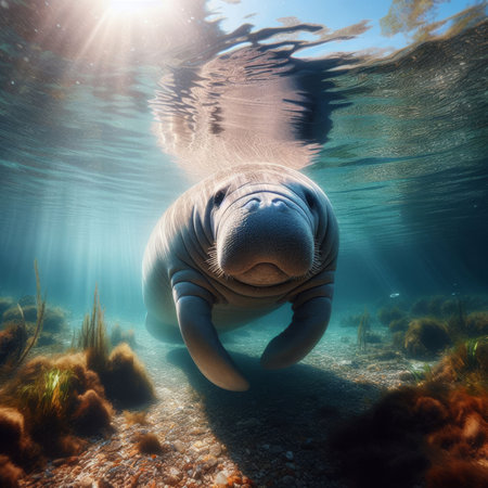 Manatee swims under the crystal clear river, in search of foodの素材