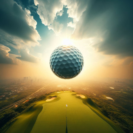 Golf ball flies through air, heading to a perfect landing on greenの素材