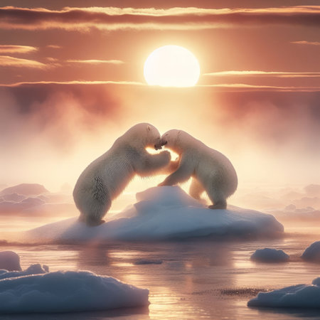 Two polar bears fight on cold ice sheet in morning sunの素材