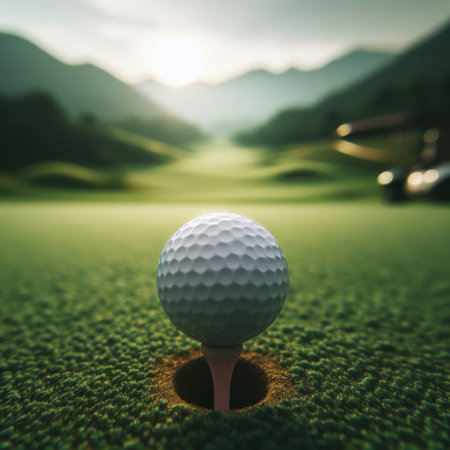 Golf ball sits on tee at the start of long drive, on golf courseの素材