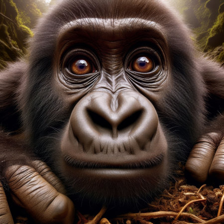 Adult gorilla peers into viewpoint, in unique portraitの素材