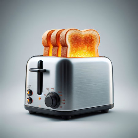 Clean, chromed toaster pops out a cooked slice of toastの素材