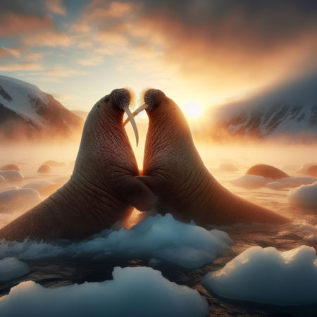 Two male walrus fight on an ice sheet at sunsetの素材