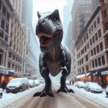 Tyrannosaurus Rex wanders the streets of a wintery cityの素材