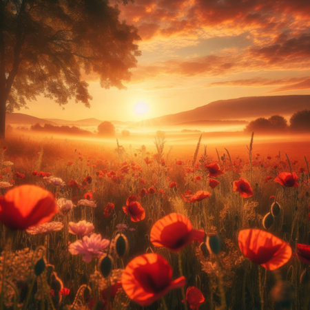 Romantic view over a poppy field at sunriseの素材