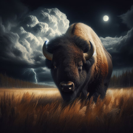 American bison stands on plains with brewing storm behindの素材