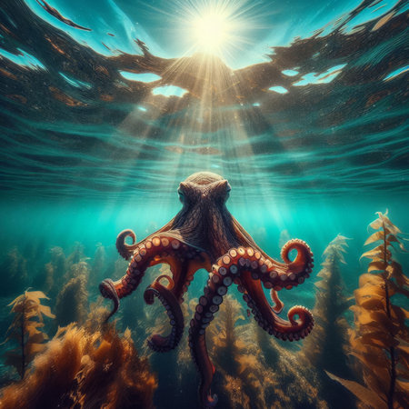 Octopus moves through the ocean currents, in clear watersの素材