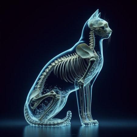 Transparent glass form of cat body with skeleton visibleの素材