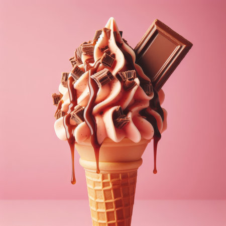 Glorious ice cream in cone, covered in syrup and a chocolate flake, against pink backgroundの素材