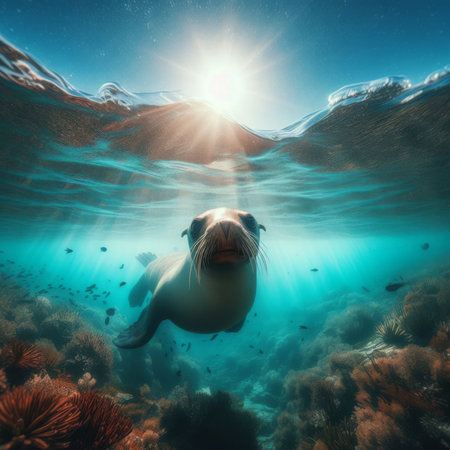 Sea lion swims in the crystal clear ocean watersの素材