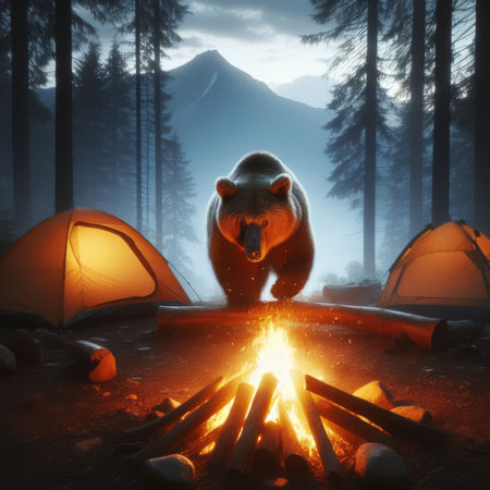 Grizzly bear enters a campsite in the dead of eveningの素材