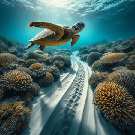 Leatherback turtle swims across beautiful coral reefの素材