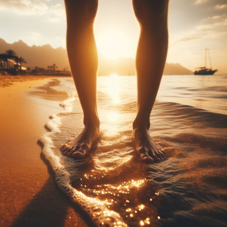 Standing barefoot at the waters edge, on a golden beachの素材