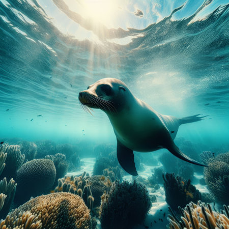 Sea lion swims in the crystal clear ocean watersの素材