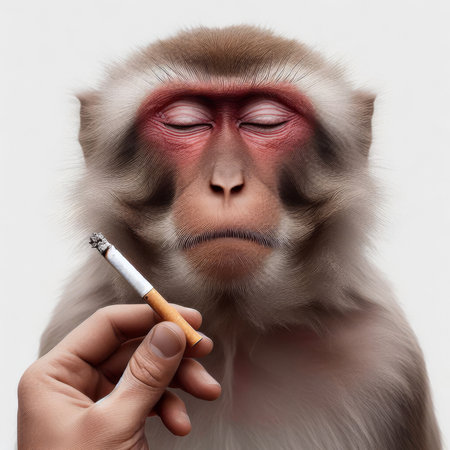 Macaque monkey refusing cigarette for animal testingの素材