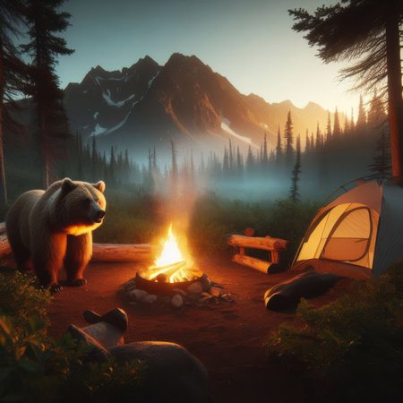 Grizzly bear enters a campsite in the dead of eveningの素材