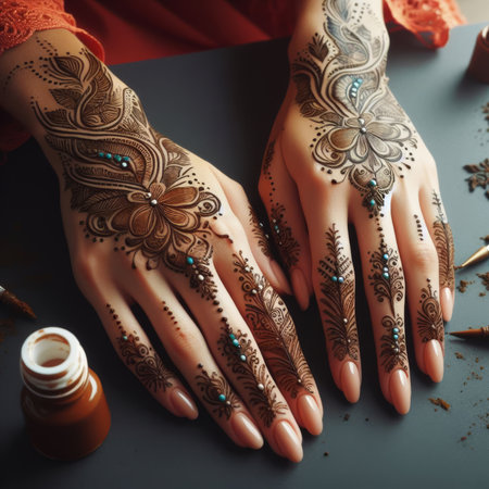 Pair of female hands that have been painted with henna tattoo patternsの素材