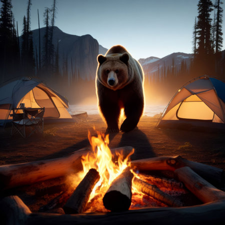 Grizzly bear enters a campsite in the dead of eveningの素材
