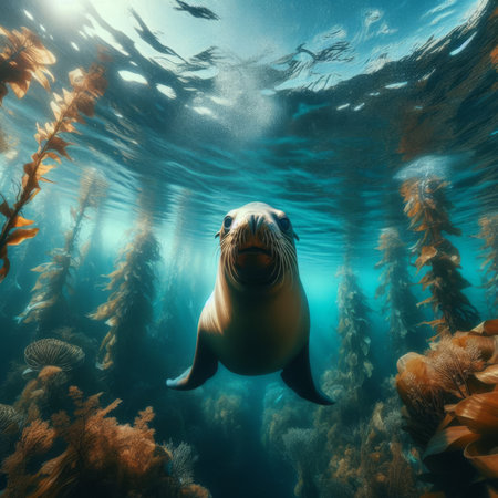 Sea lion swims through kelp beds, in the crystal clear ocean watersの素材