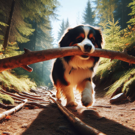 Dog returns with a big stick, after walkの素材