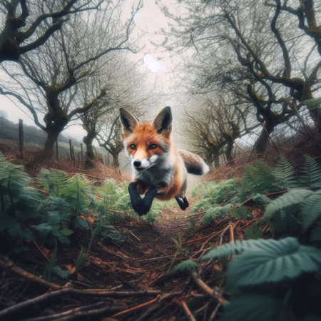Red fox runs through the undergrowth in the countrysideの素材