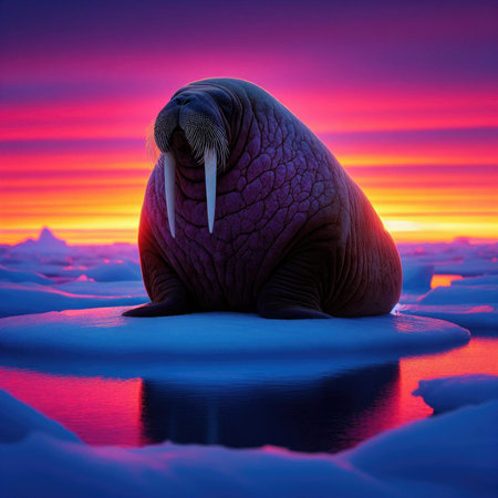 Walrus reclines on ice sheet with glorious sunset as backdropの素材