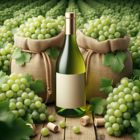 A bottle of white wine sitting in a sea grapes and harvest of hessian bags filled with fruitの素材